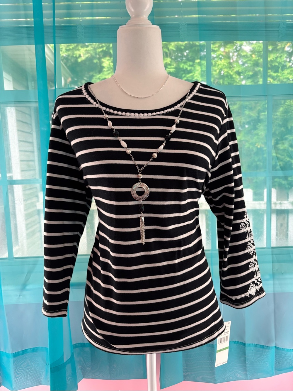 Alfred Dunner Black & White Striped 3/4 Sleeve Top Size PL New with Tags
